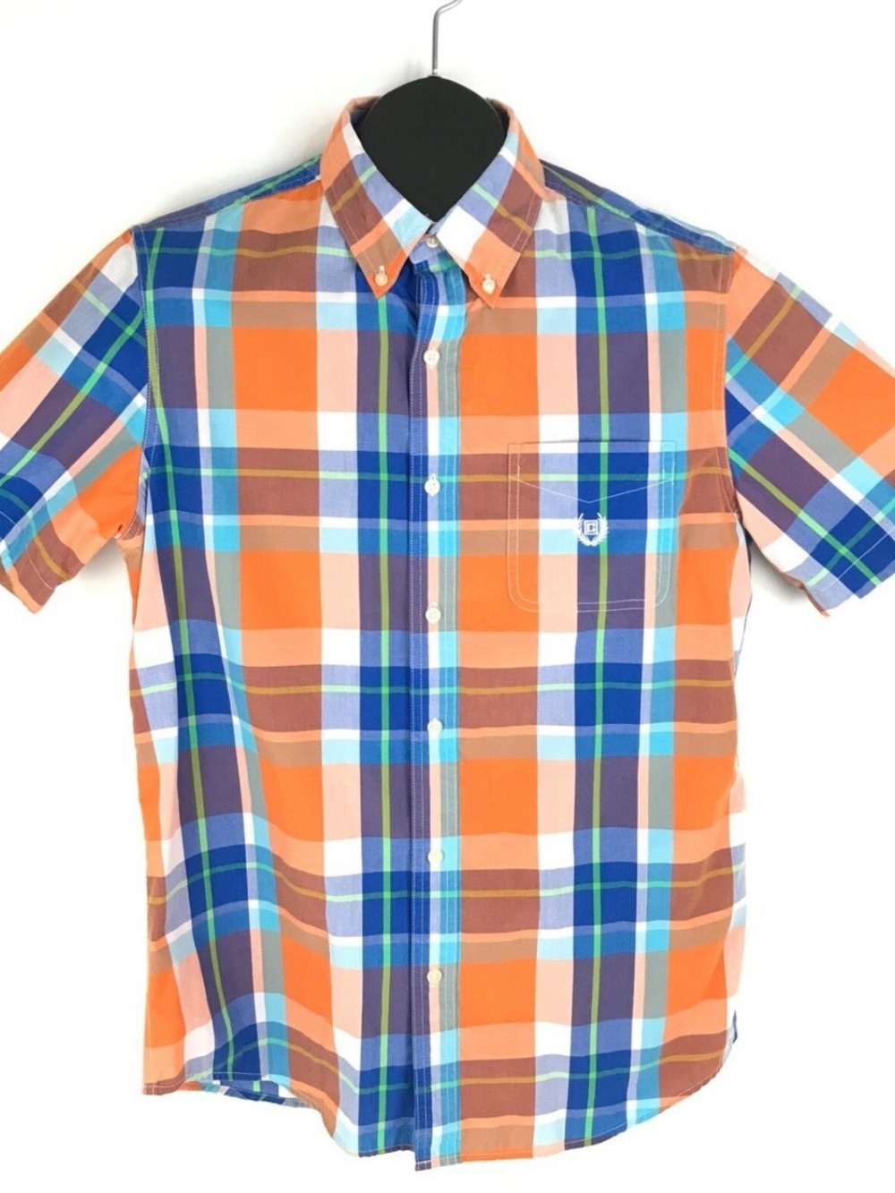 Chaps Orange and Blue Plaid Short-Sleeve Button-Down Shirt